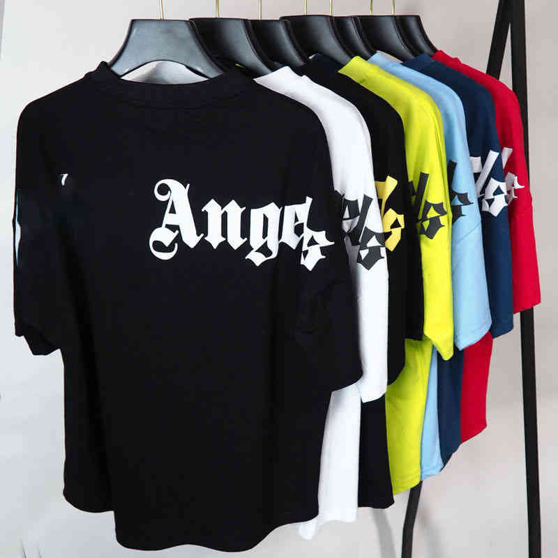 

Genuine 1:1 Fashion Brand PA tee Palm 22ss ins new Angels Sanskrit Bat Sleeve Short Sleeve Classic Collar Men' and Women' T-shirt, Black print yellow