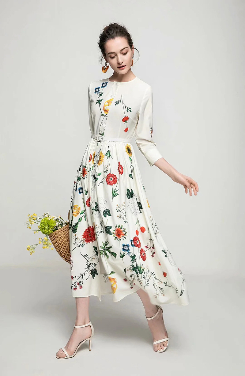 Women's Runway Dresses O Neck 3/4 Sleeves Floral Printed Single Breasted Fashion Mid Autumn Dress with Belt