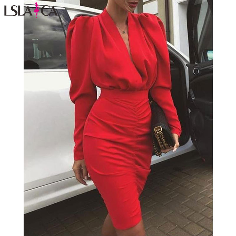 Lslaica Women's party dress street hipster red V-neck bubble long-sleeved fashion temperament Slim bodycon autumn 210515