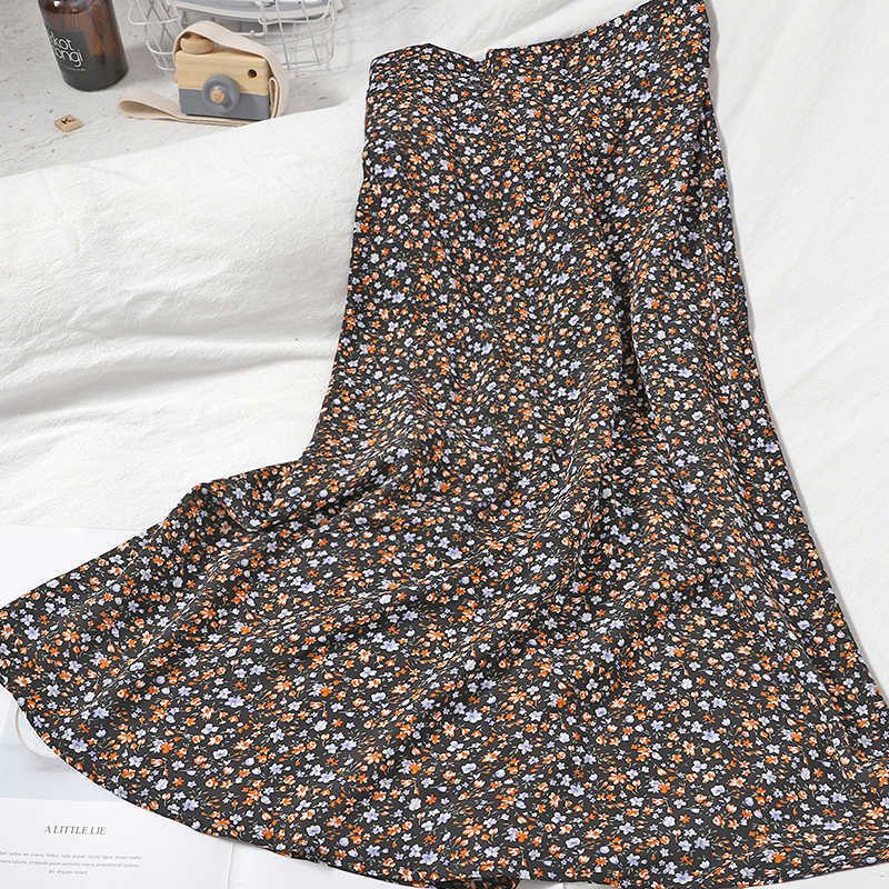 Fashion Summer chiffon beach Print skirt all-match high waist sweet floral for womens Korean midi long vintage 210621