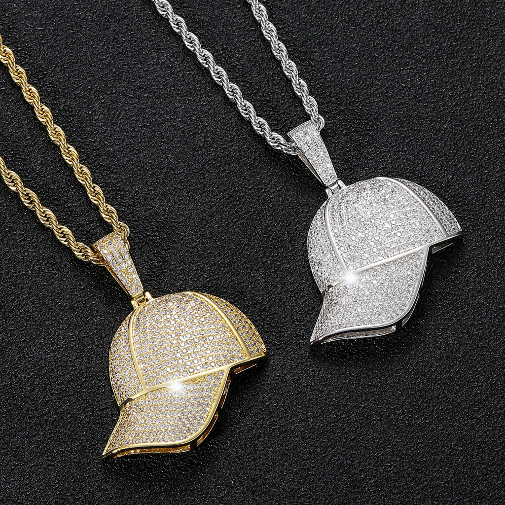 Non Tarnish Bling 18k Gold Plated Iced Out Cubic Zirconia Summer Baseball Hat Necklace Sport Skateboard Jesus Cross Ghost Pendant Necklaces Hiphop Jewelry