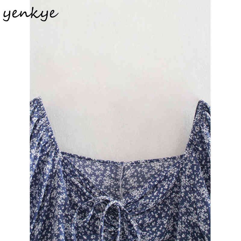 YENKYE Blue Floral Print Dress Women Sexy Drawstring V Neck Short Sleeve Vestido Mujer A-line Mini Holiday Summer Dress 210515