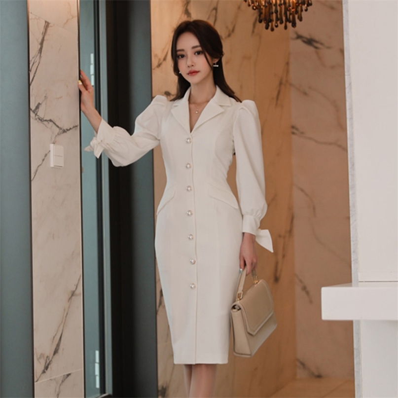 Elegant Women Dress Autumn White Notched Collar Bowtie Long Sleeved Pearl Buttons Work Party Bodycon 210603
Elegant Women Dress Autumn White Notched Collar Bowtie Long Sleeved Pearl Buttons Work Party Bodycon 210603