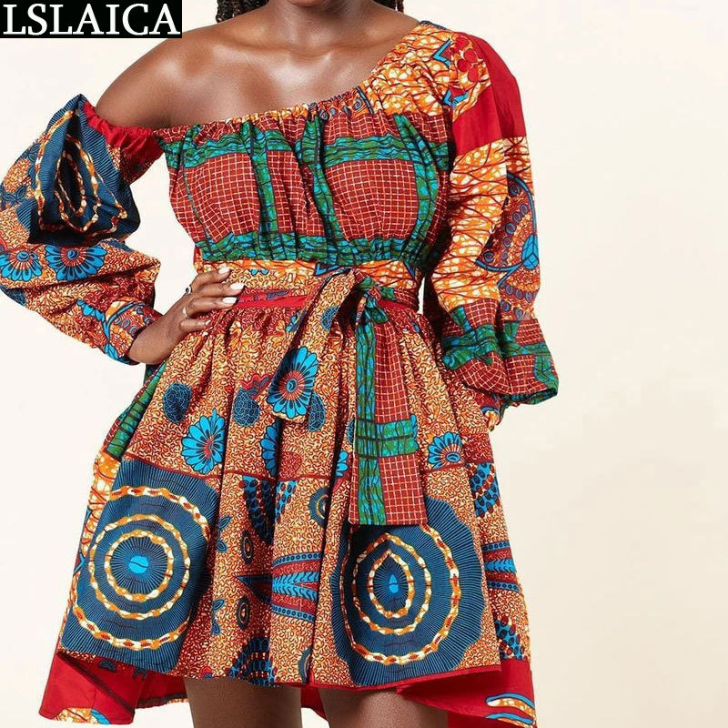 Mini Dress African Style Slanted Shoulder Long-sleeved A-Line Belt Fashion Printing Party Casual Vestido De Mulher 210515