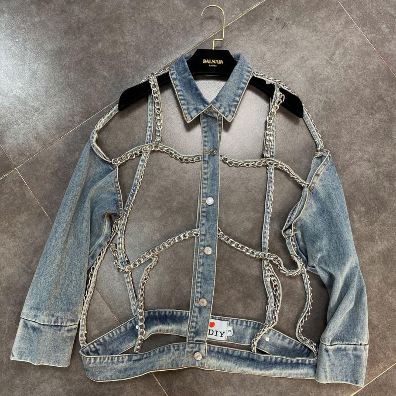 Women's Jackets FABPOP Long Sleeve Chain Hollow Out Turn Down Collar Light Blue Denim Jacket Women Coat Streetwear Gb447