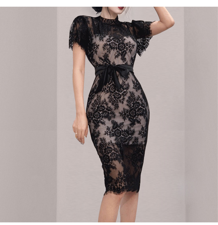 Arrival Fashion Women OL Korean Slim Sexy Elegant Formal Dress Lace Perspective Pencil Vestidos 210519