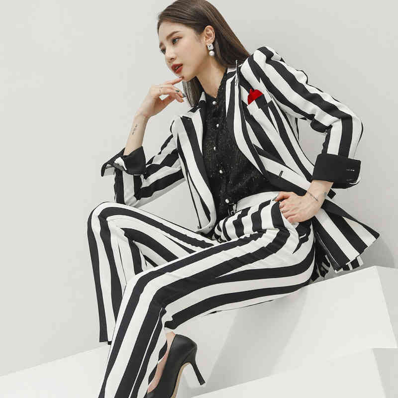 Fashion Zebra pattern Pant Suits Uniform Double Breasted Jacket and Long Blazer Set Women OL 2 Two Pieces 210506