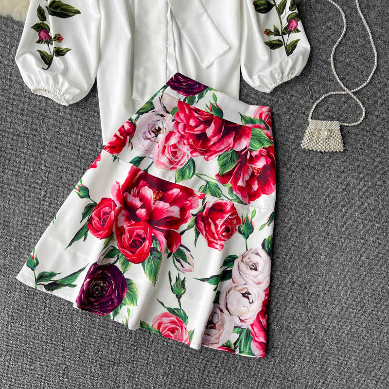 DEAT Women White Floral Lapel Lantern Sleeve Skirt Arrivals Short Two Piece Set Fashion Spring Summer 11D336 210709