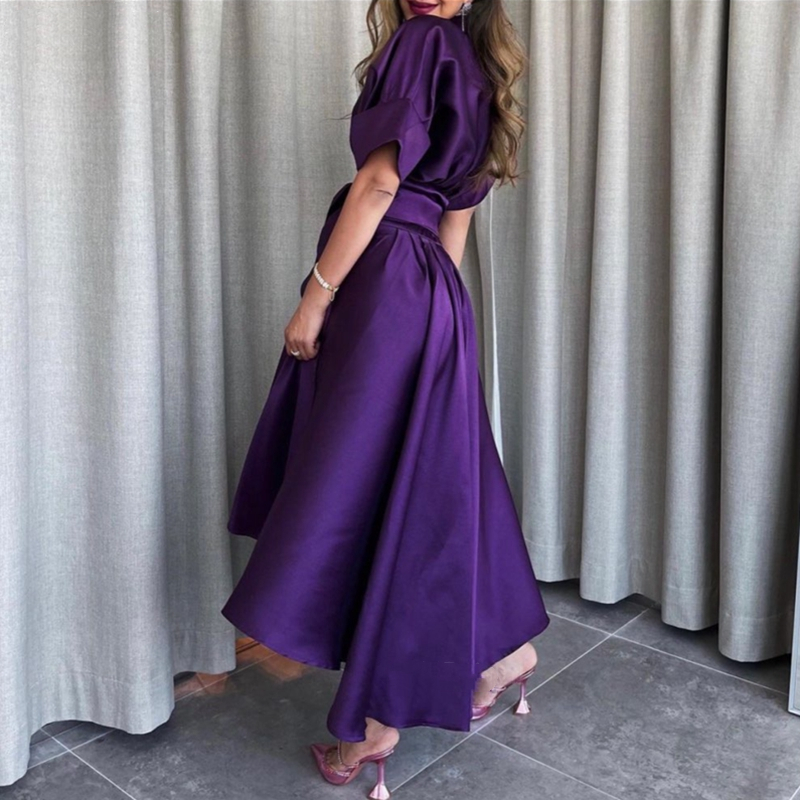 Simple High Low V-neck Prom Dresses Pleat Sashes Tea Length A Line Formal Evening Gowns Robe Femme Women Cocktail Party Wear Robes de Soriee Special O