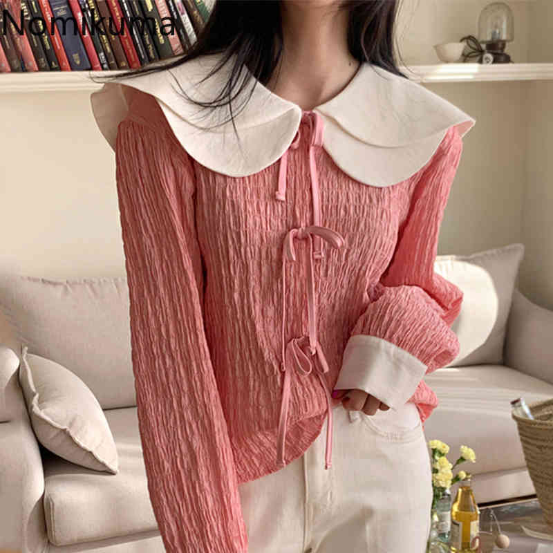 Nomikuma Women Blouse Korean Double Peter Pan Collar Hit Color Shirt Causal Sweet Bow Tie Tops Spring New Blusas Top 6G251 210427