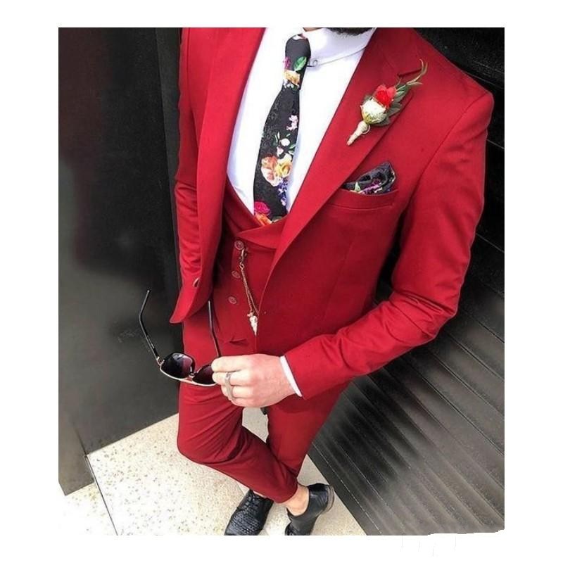 Latest Design One Button Red Groom Tuxedos Notch Lapel Wedding Men Suits Three Pieces Business (Jacket+Pants+Vest+Tie) W1310