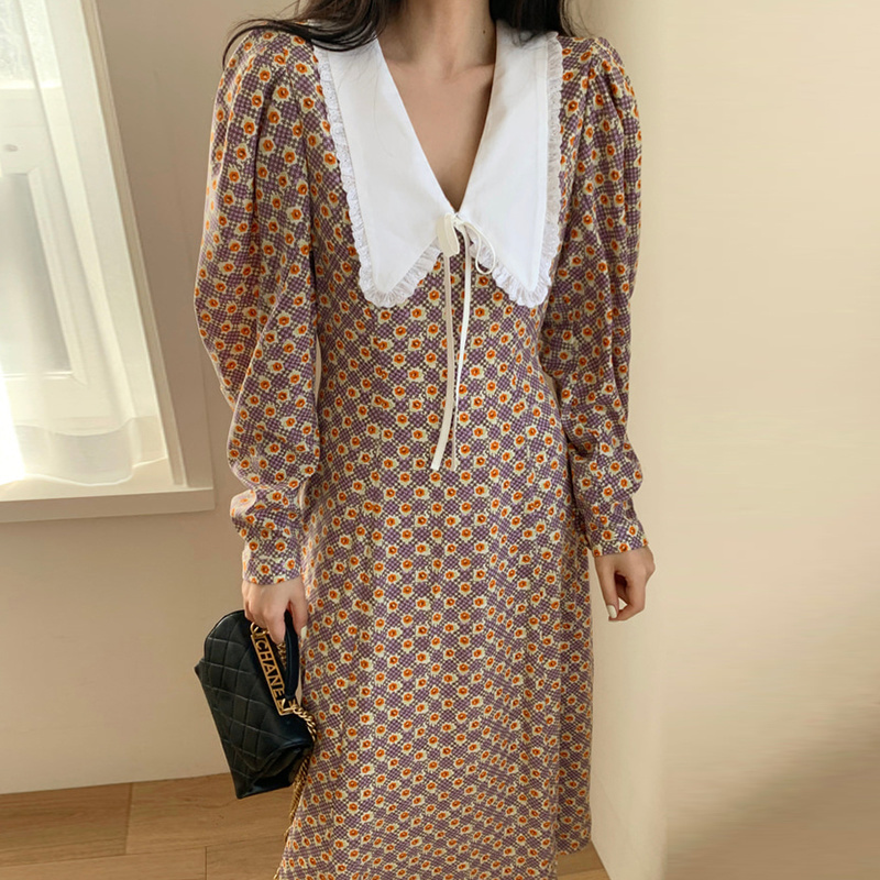 Korean Sweet Peter Pan Collar Vestidos Chic Lantern Sleeve Fashion Women Dresses Spring Print Slim Waist Femme Robe 210519