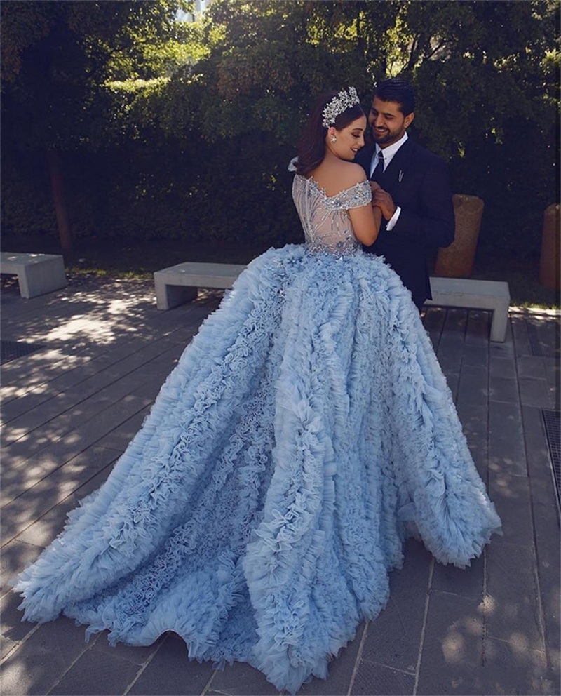 Princess A Line Evening Dresses Luxury Star Sequined Beads Long Sleeve Ruffles Fluffy Prom Marriage Special Occasion Gowns robes de soirée