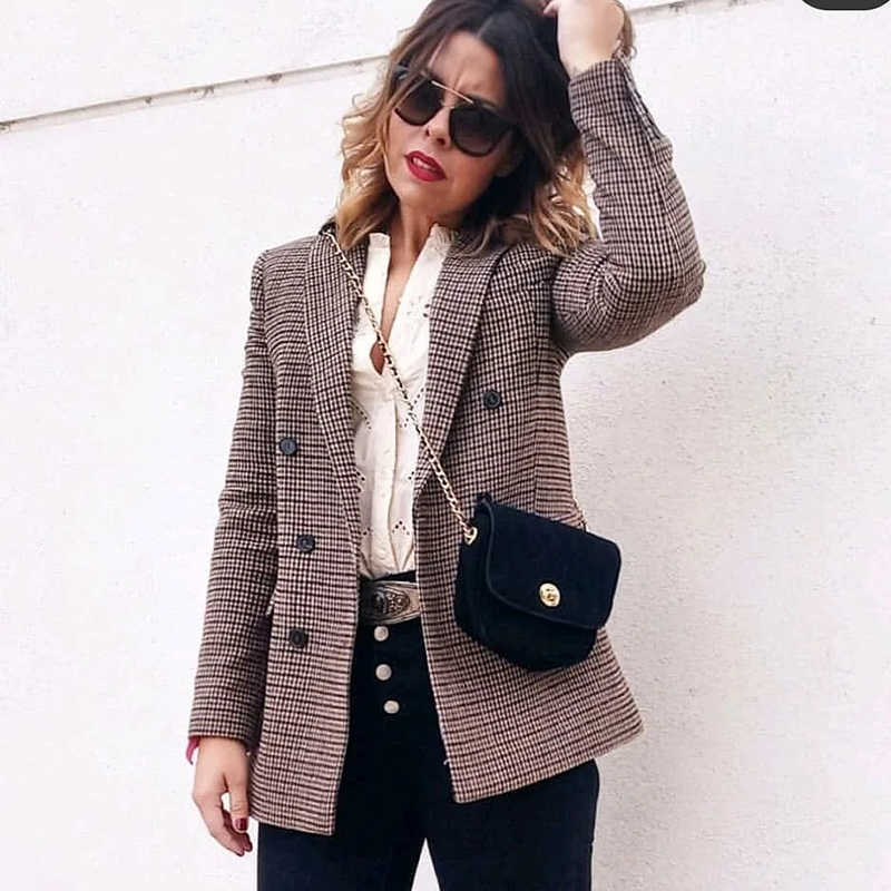 elegant women plaid brwon blazer jackets fashion ladies chic long suits casual female streetwear girls vintage 210527