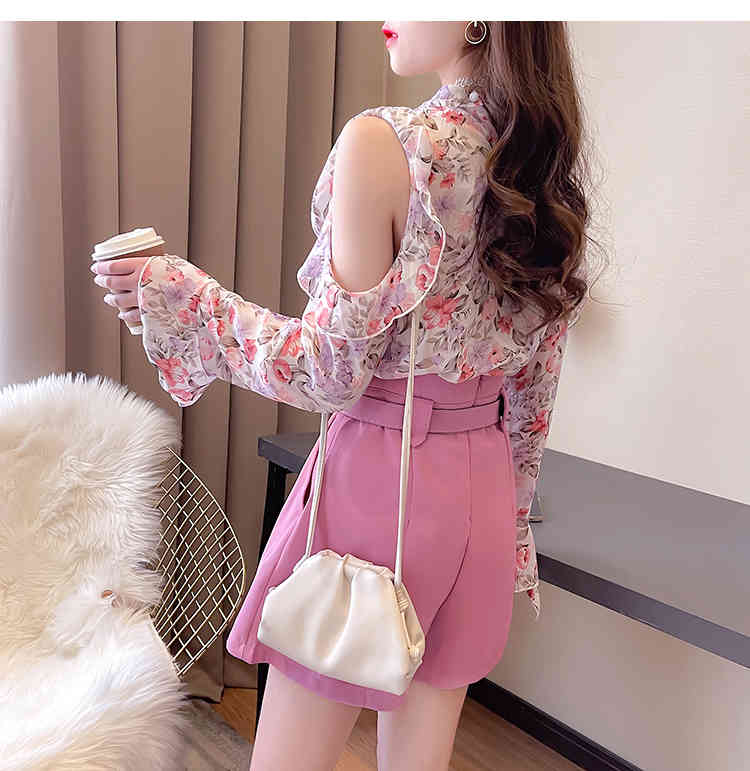 2 Piece Set Women Korean Chic Flower Print Off Shoulder Flare Sleeve Chiffon Shirts+High Waist Shorts Fashion Suits 210519