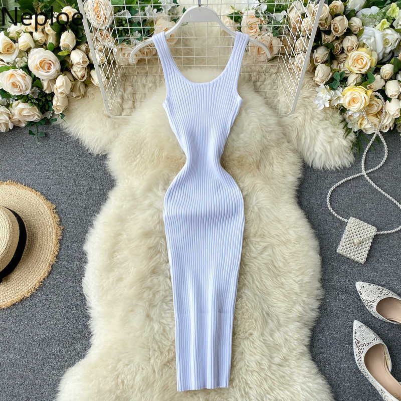 Neploe Knitted Dress Women Fashion Square Collar Sleeveless Tank Ladies Vestidos Elegant Slim Stretch Waist Bodycon Dresses 210630