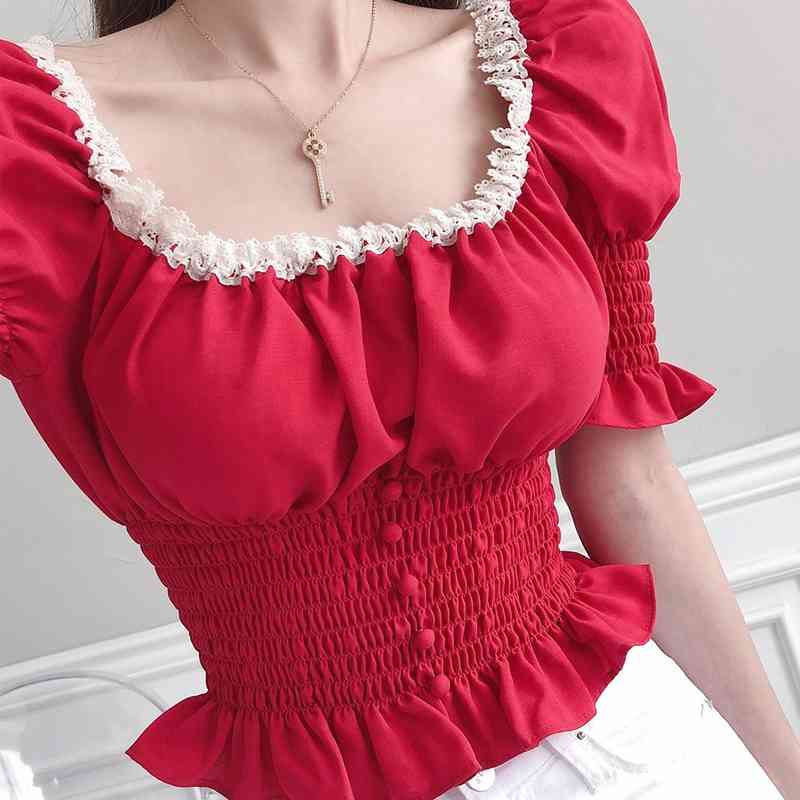 Summer Elegant Square Collar Short Puff Sleeve Blouse Female Fashion Hit Color Office Ladies Shirt 210506