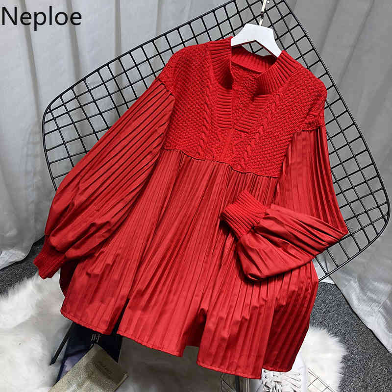 Naploe Fall Clothes Vintage Sweaters Women Patchwork Loose Knitted Pullovers V-neck Lantern Sleeve Pleated Jumper Tops Female 210422