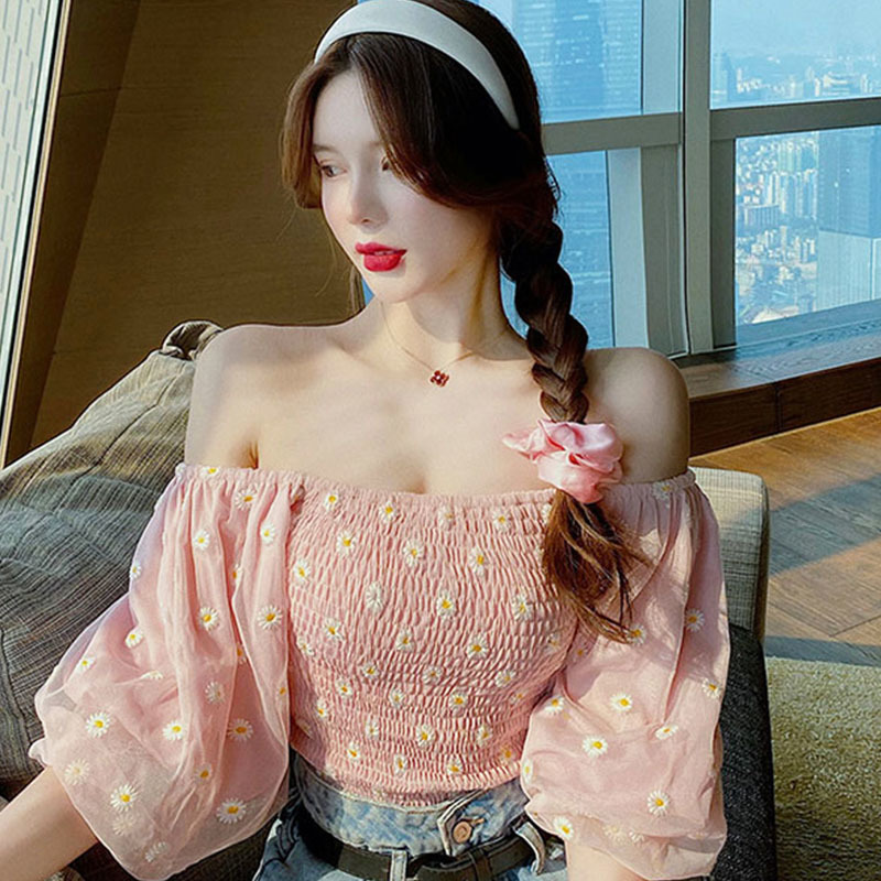 Summer Puff Sleeve Elegant Crop Top Female Chiffon Floral Blouse and Tops Womne Shirt Beach Blouse for Females Korean Chic 210521