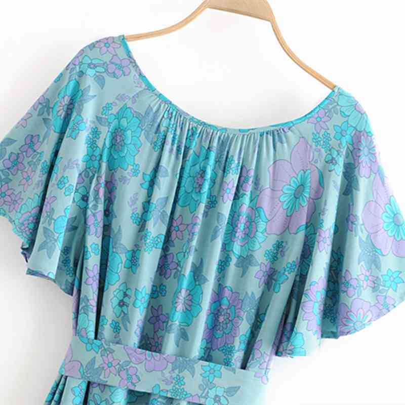 beauty Fashion Boho Style Floral Print Midi Dress Women Holiday Chic Sashes Short Sleeve Tassel Mini Dresses Female 210514