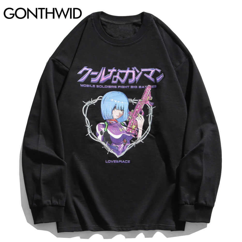 GONTHWID Long Sleeve T-Shirts Japanese Anime Cartoon Print Tshirts Harajuku Streetwear Hip Hop Hipster Casual Loose Tees Tops 210629