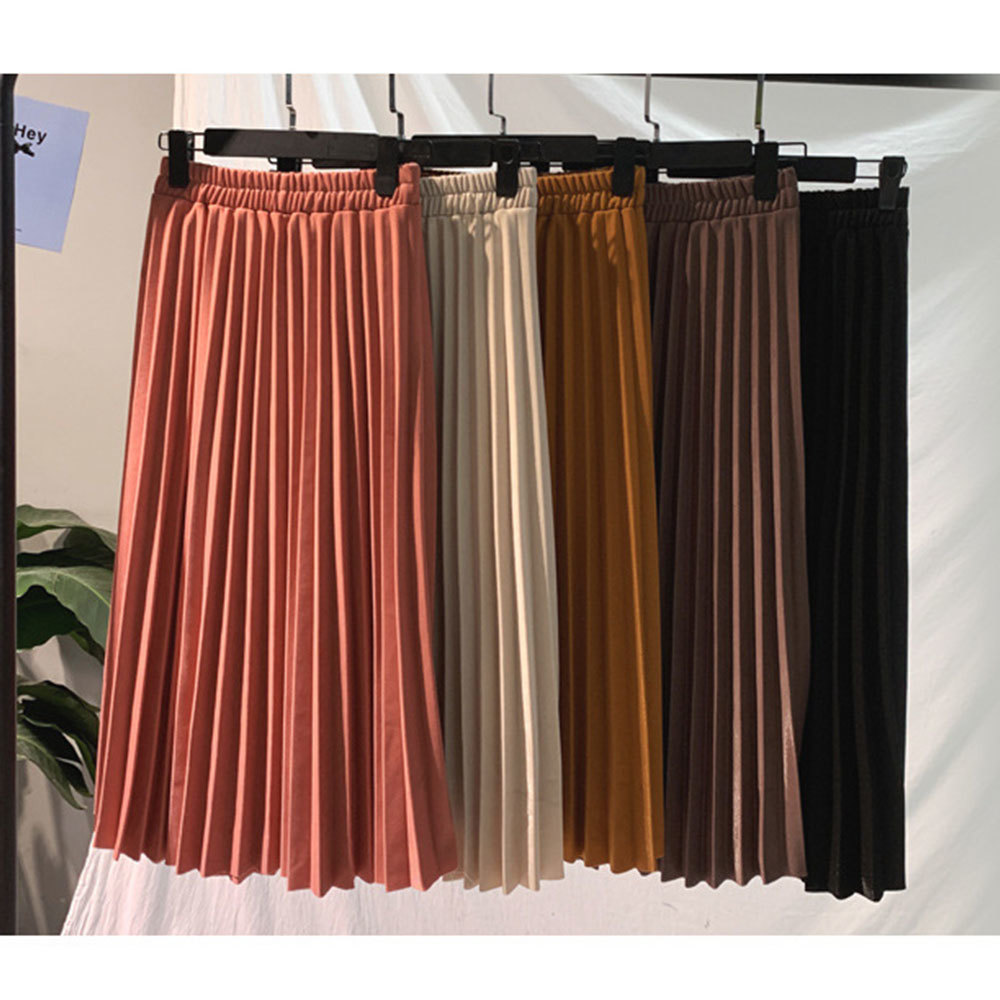 Elegant Solid Midi Pleated Skirt Women Autumn Winter Ladies Korean High Waist A-line School Long Female 210428