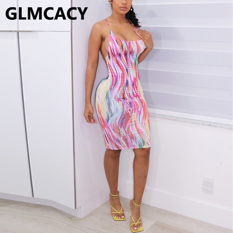 Spaghetti Strap Backless Abstract Bodycon Mini Dress 210702