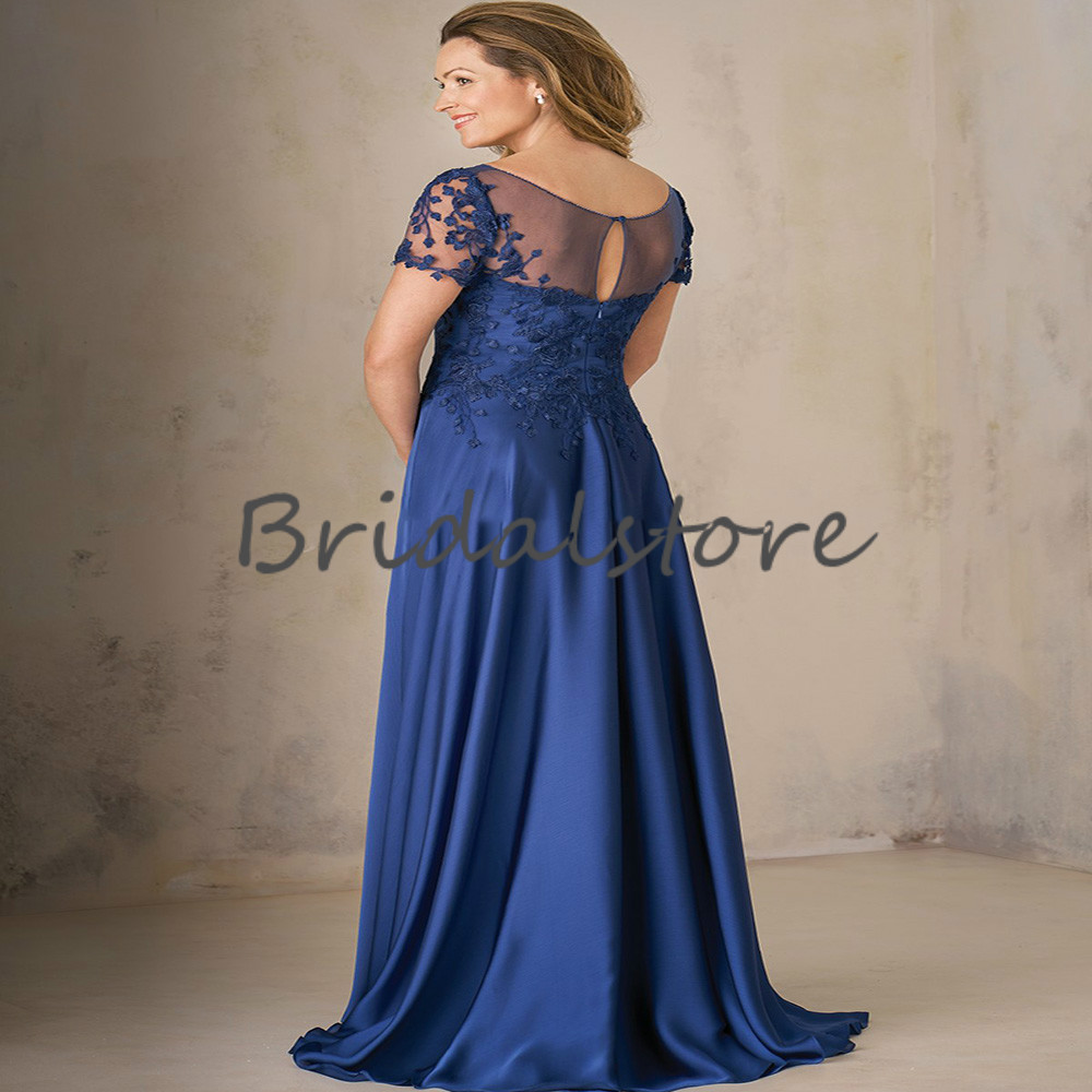 Elegant Blue Long Mother Of The Bride Dress With Short Sleeve A Line Floor Length Lace Wedding Guest Gown Sexy Open Back Women Evening Gowns Robe De S