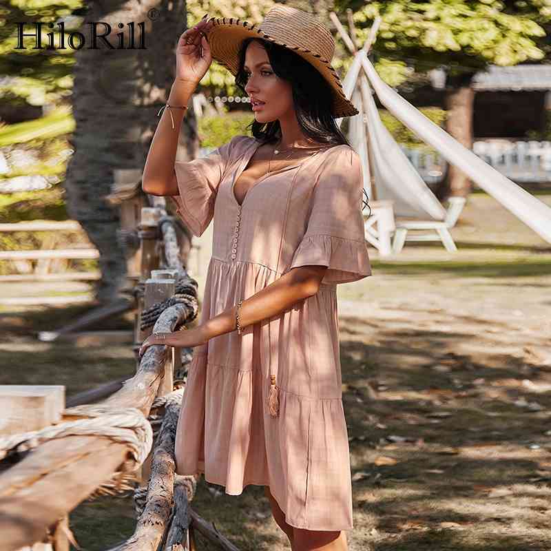 Solid Color Loose Mini Dress Women Bow Tie V Neck Casual Beach Ruffles Short Sleeve Ladies Summer es 210508