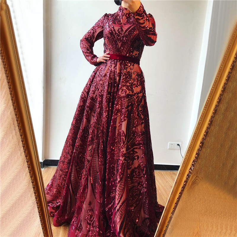 2022 Dubai Long Sleeves Evening Dresses Burgundy High Collar Muslim Women Formal Gowns Party Wear Royal Blue Sequins Glitter Prom Dress Islamic Caftan