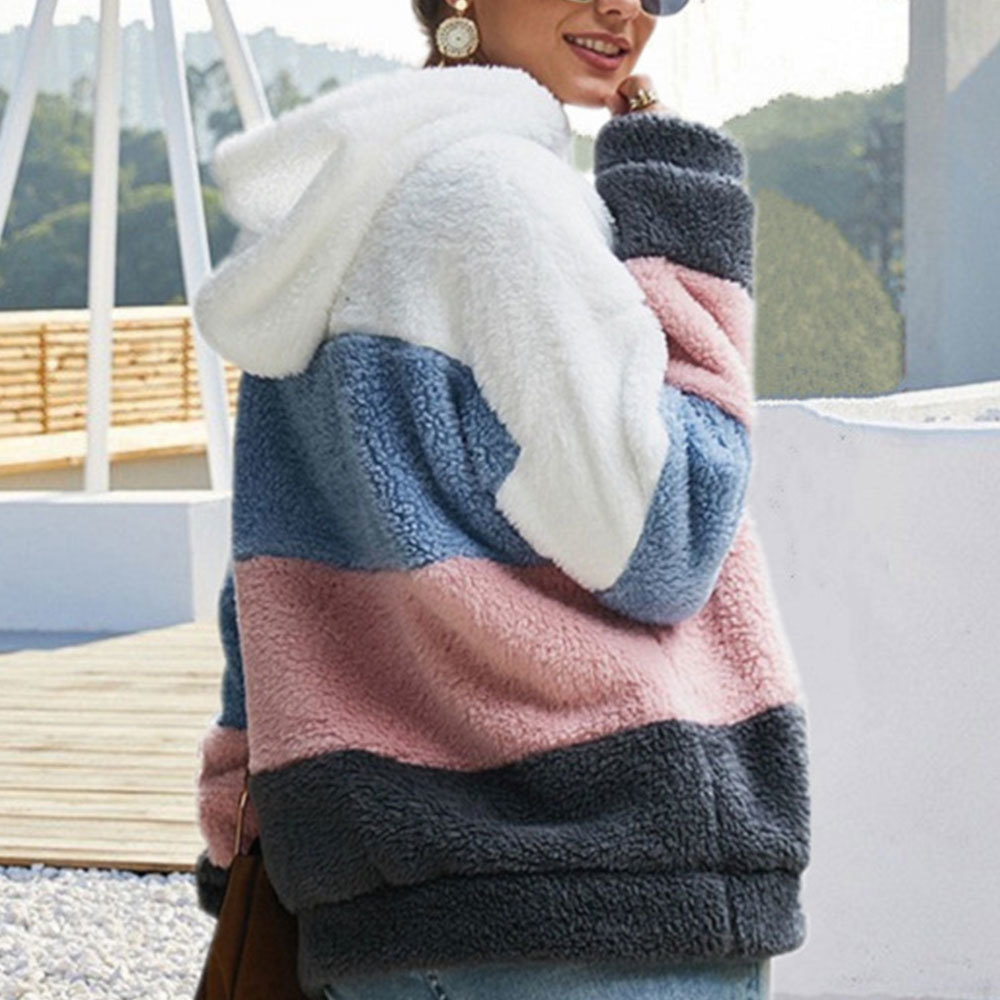 Women Hit Color Striped Hoodies Elegant Autumn Winter Loose Sweatshirts Plus Size Fluffy Fleece Pullover 210428