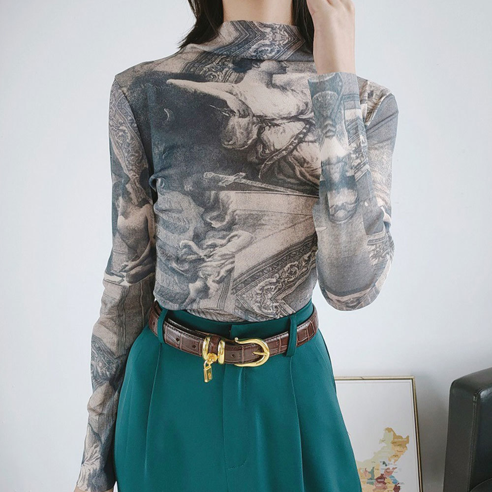 Spring Renaissance Print Vintage Top Turtleneck Long Sleeve Blouse Women Spandex Bodycon Ladies Slim Tops 210428
