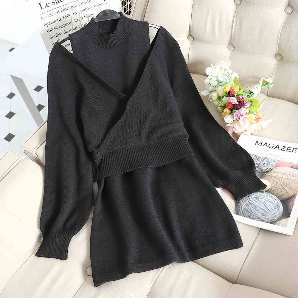 Two Piece Set Women Sleeveless Knitted Bodycon Dress Sexy Cropped Sweater Pullover Lady Casual Korean Style Elegant Suit 210519