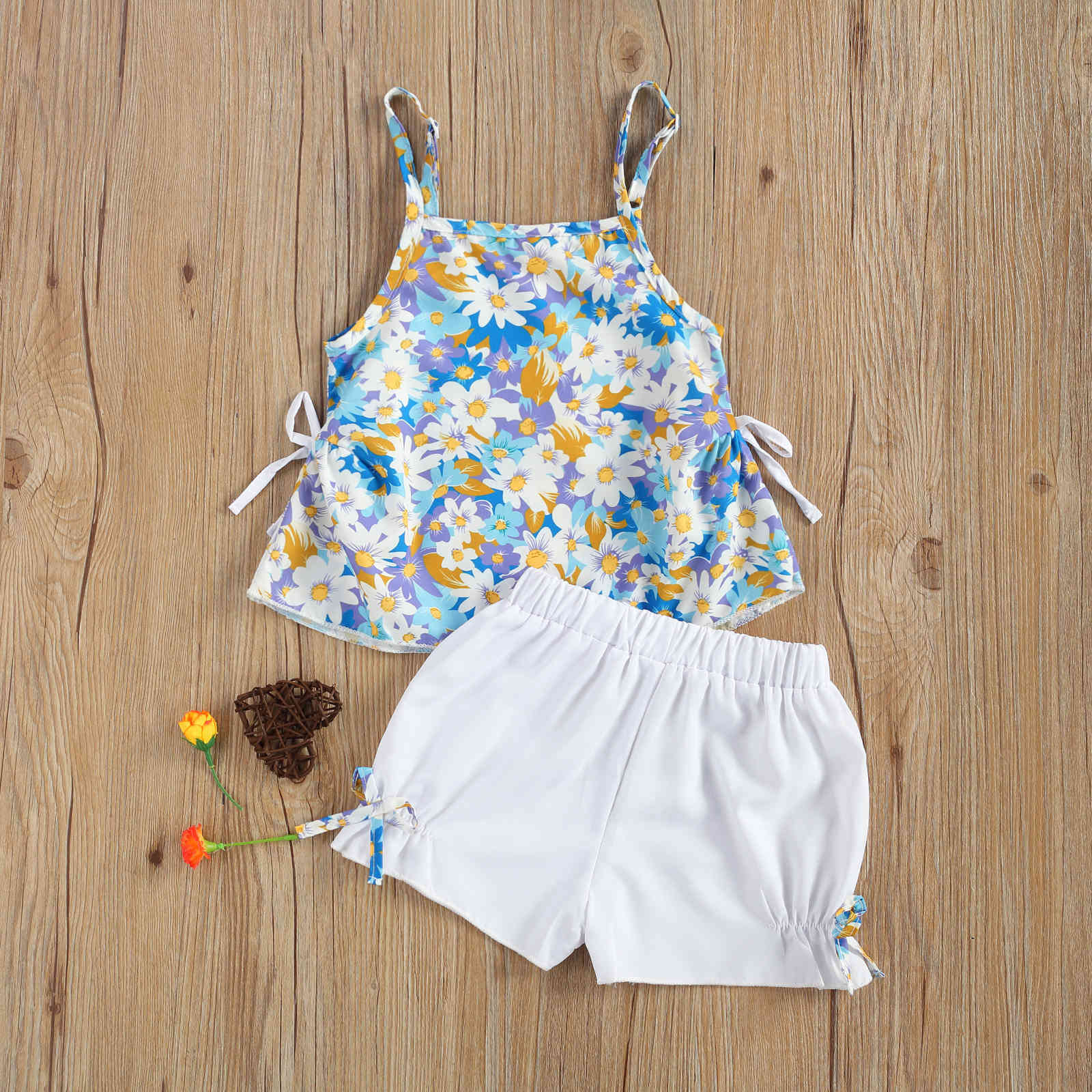 1-5Y Summer Flower Toddler Kid Child Girls Clothes Set Beach Holiday Travel Costumes Floral Vest Bow Pants Outfits 210515