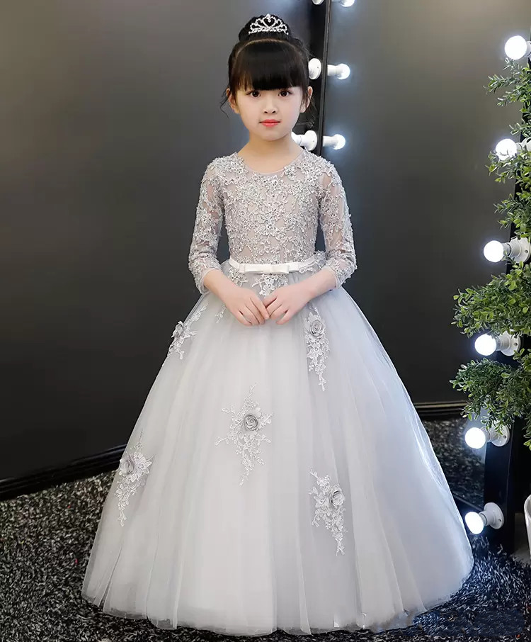 Lovely Silver 3/4 Sleeves Applique Girl's Pageant Flower Girl Dresses Princess Party Dresses Child Skirt Custom Made 2-14