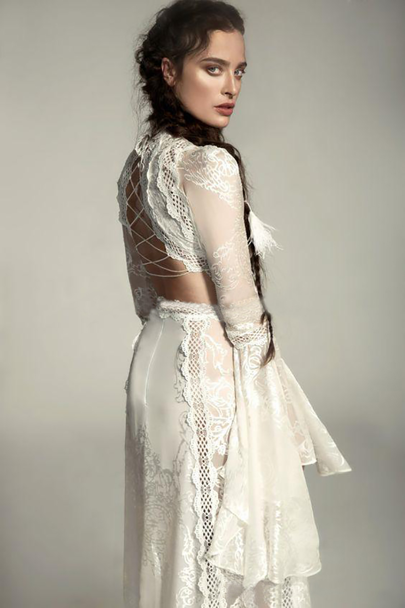 Meital Zano Great Victoria Medieval Wedding Gown with Bell Sleeves Vintage Crochet Lace High Neck Gothic Queen Wedding Dresses