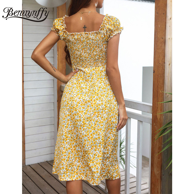 Slash neck Frill Trim Off The Shoulder Dresses Women Summer Boho Casual Floral Print Split Knee Length Dress 210510