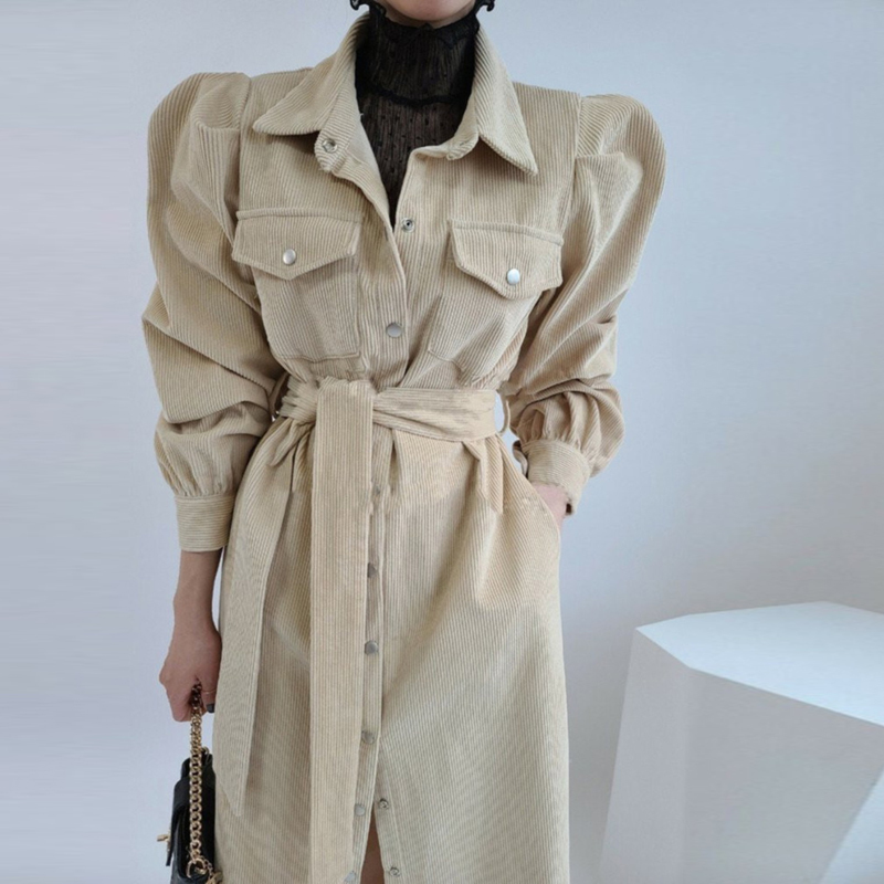 Spring Women Vintage Corduroy Elegant Midi Solid Shirt Dresses Casual Lantern Sleeve Vestido Da Festa 210520