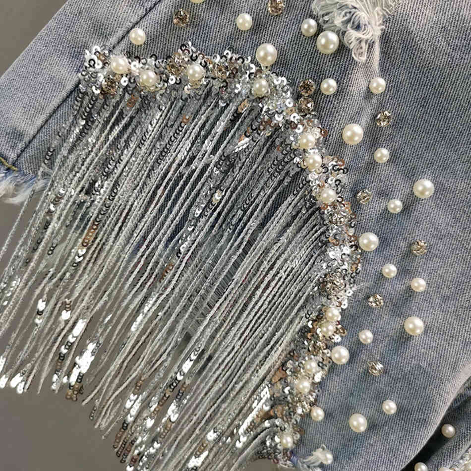 Free Female Denim Shorts Summer Wear High Waist Slimming Heavy Beaded Sequin Fringed Ripped Jeans Pants 210524