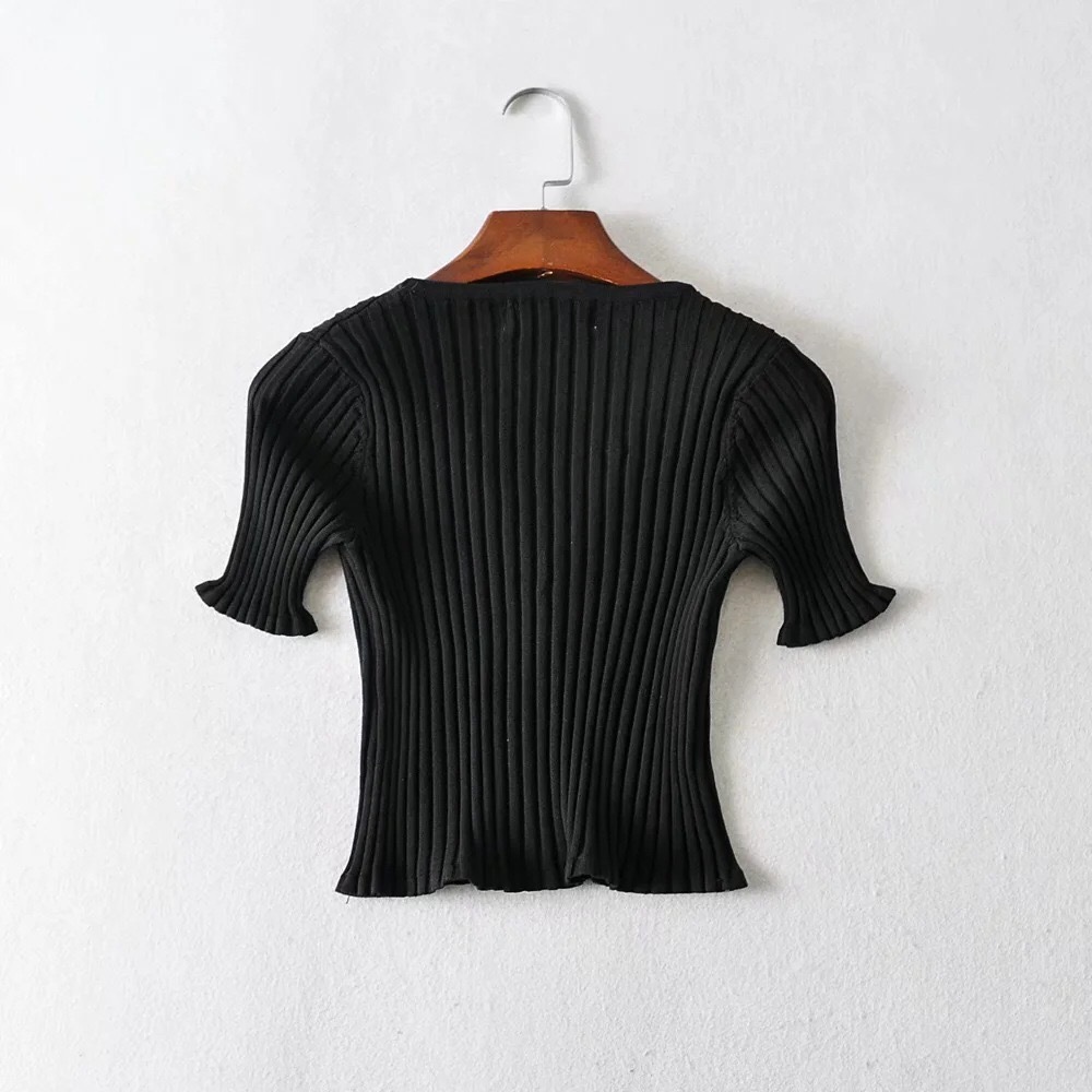 AA Wood ears Covered Buttons V neck Short sleeve Sweater Women Knitted Tight Cardigan Front Slit Slim Cropped 210429