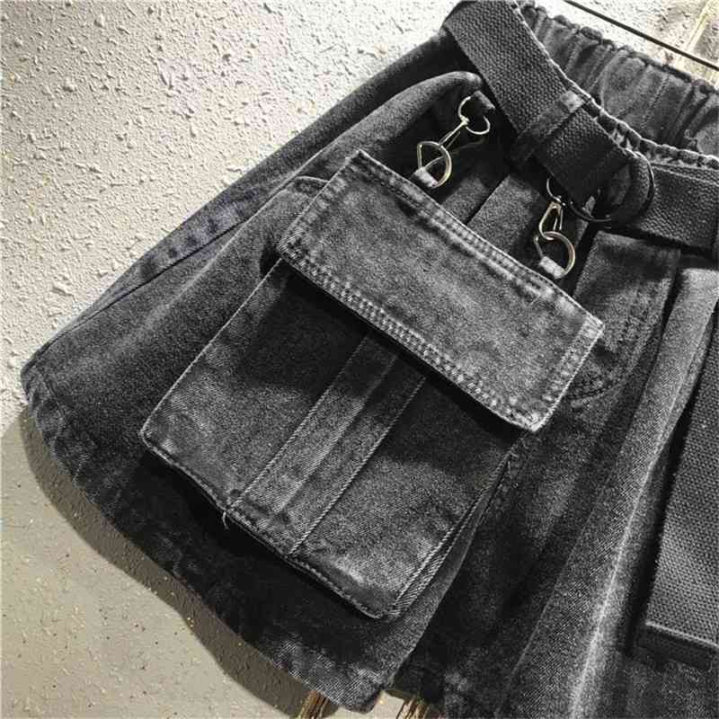 Summer Elastic High Waist with Belt Casual Loose Plus Size 5XL Denim Shorts Women Black Jean Large Pockets Boots Shorts Femme 210611