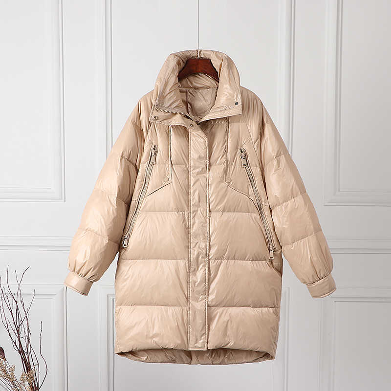 Fitaylor White Duck Down Jacket Woman Stand Collar Long Coat Winter Loose Waterproof Down Overcoats Loose Parka Snow Outerwear 211007