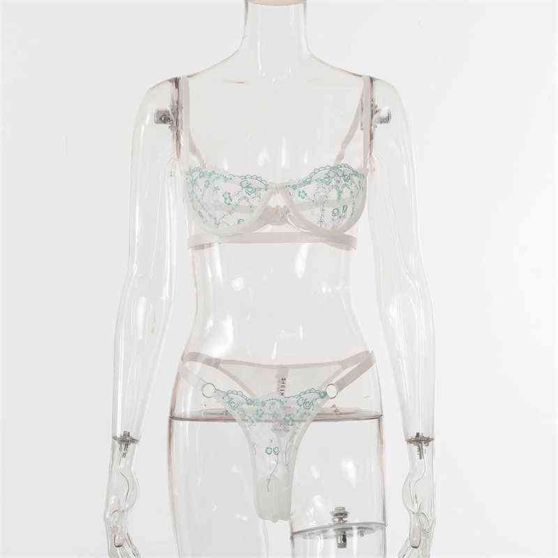 style women's thin section mesh embroidered sexy underwear underwire gather bra panty set thong sexy lingerie set 211104wtt