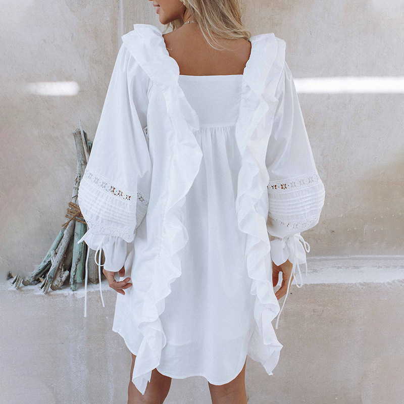 Getspring Women Dress Lantern Sleeve Ruffles Patchwork White Black Loose es Long Hollow Out Girls Summer 210513