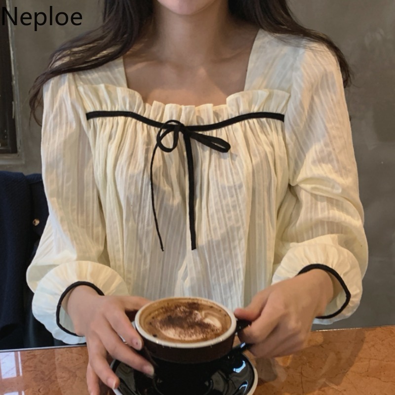 Neploe Tops Female Square Neck Blouse Women Spring Ruffles Jacquard Blouse Elegant White Blusas Sleeve Long-sleeve Shirt 4h742 210422