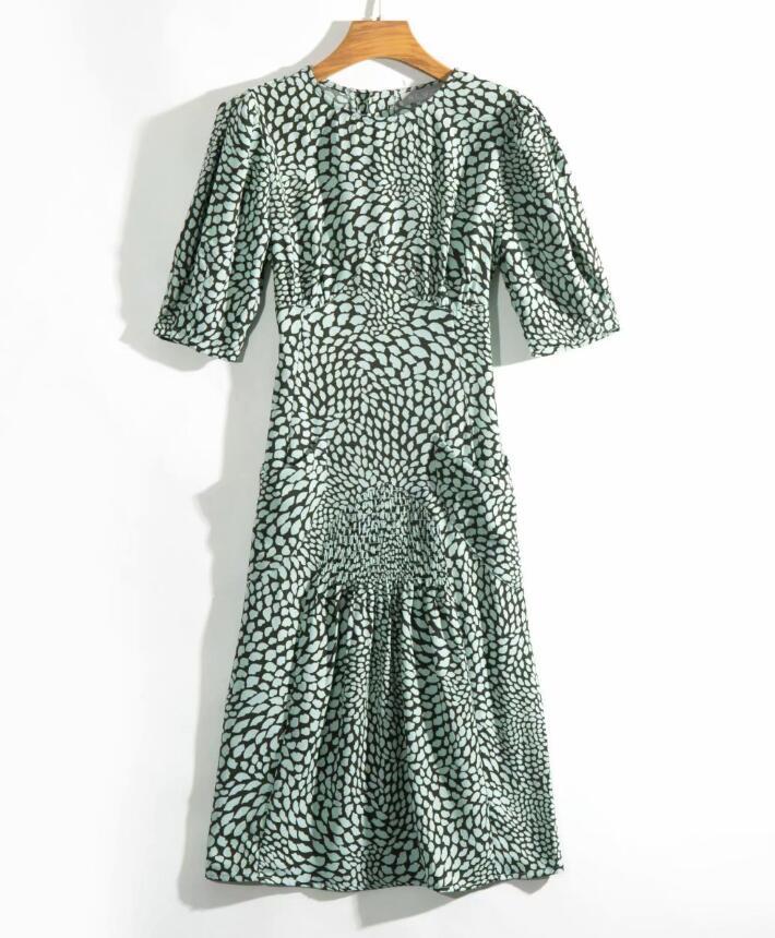 Vitage Leopard Print Women Dress French Style Ladies Short Puff Sleeve Ruched Slim Waist A-line Midi Long Tea 210429