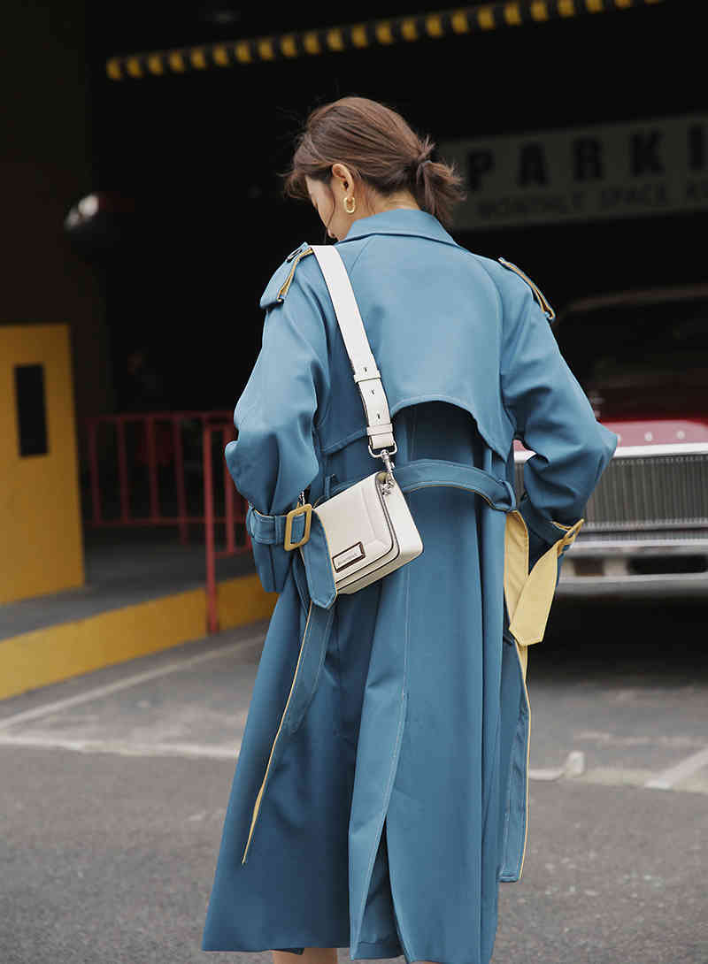 Blue Double Breasted Trench Coat Women Winter Long s And Jackets Windbreaker Belted Trenchcoat Outerwear 210427