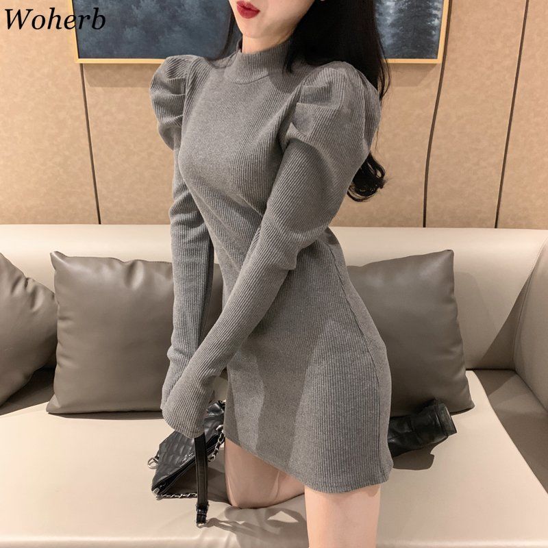 Sexy Slim Bodycon Dress for Women Half Turtleneck Knit Black Mini Woman Dresses Chic Elegant Robe Puff Sleeve Vestidos 210519