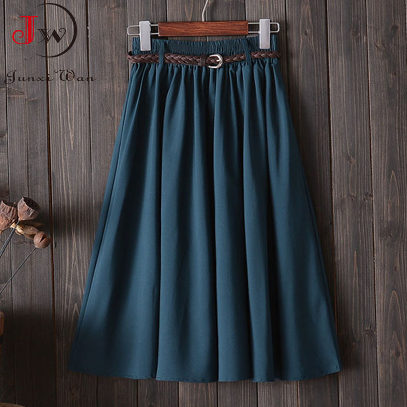 Women Preppy Style Summer Skirt Casual A-line Solid With Belt Mid-length Fashion Elegant Chic Girls Midi Skirts Saias 210510