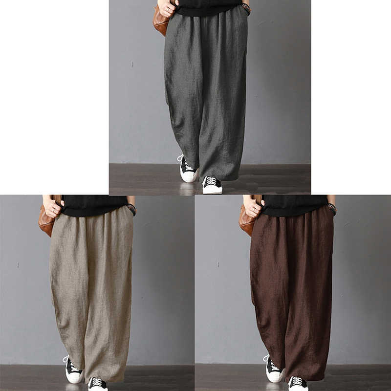 2021 New Harem Pant Hemp Bloomer new S-2XL Loose Women Trouser Cotton Linen Pleated Oversize Pockets Wide Leg Pant Q0801